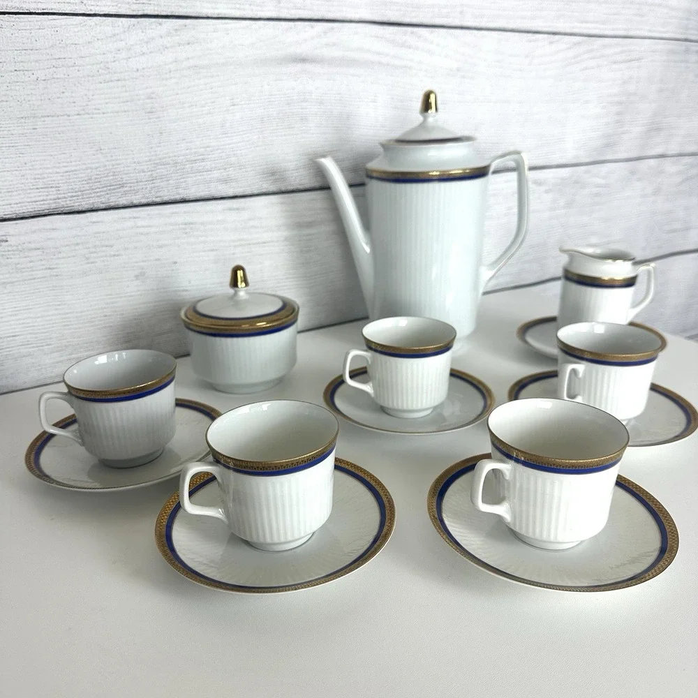 VTG Bareuther Bavaria Germany 100th Anniv. Coffee Set White Cobalt Gold 14 Piece